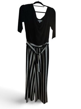 Emma & Michele Black Top with Black and White Striped Jumpsuit
